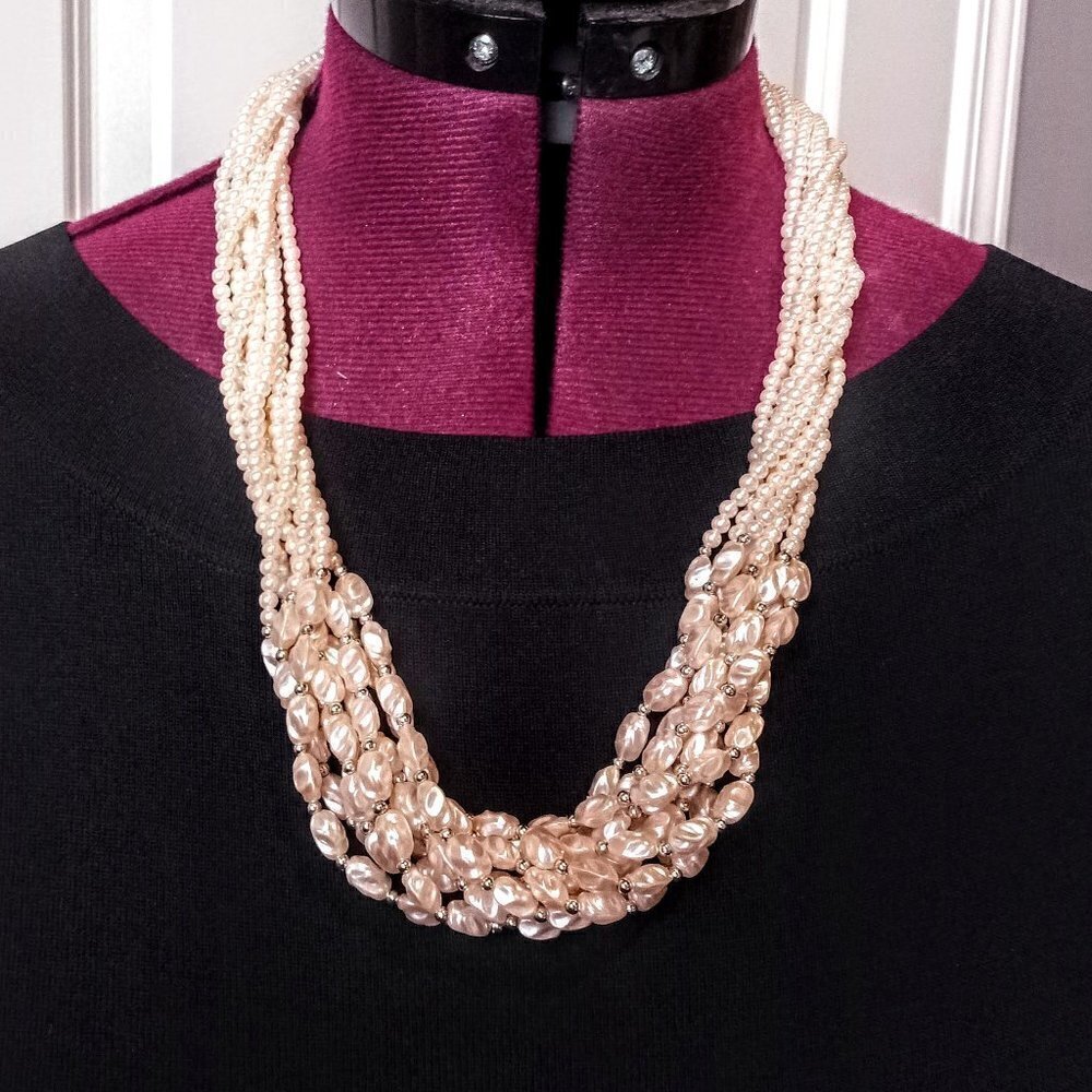 Pink Faux Pearl & Silver Bead Torsade Necklace